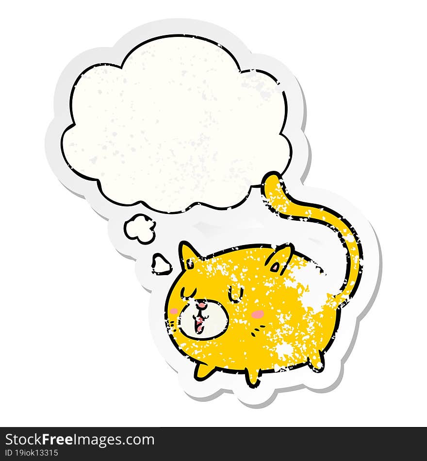 cartoon happy cat and thought bubble as a distressed worn sticker