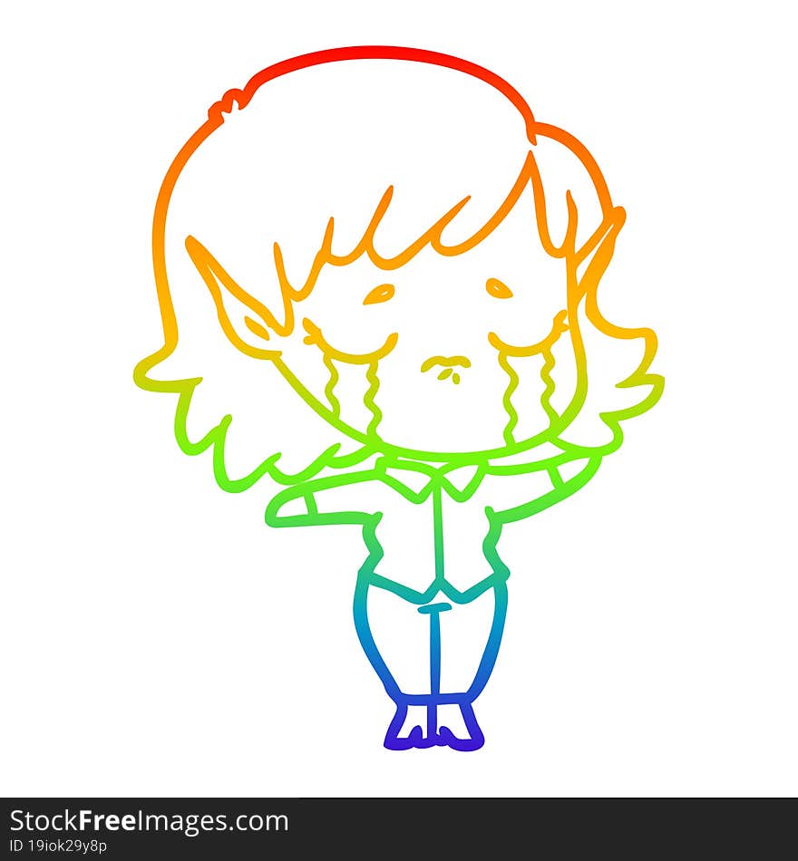 rainbow gradient line drawing cartoon crying elf girl