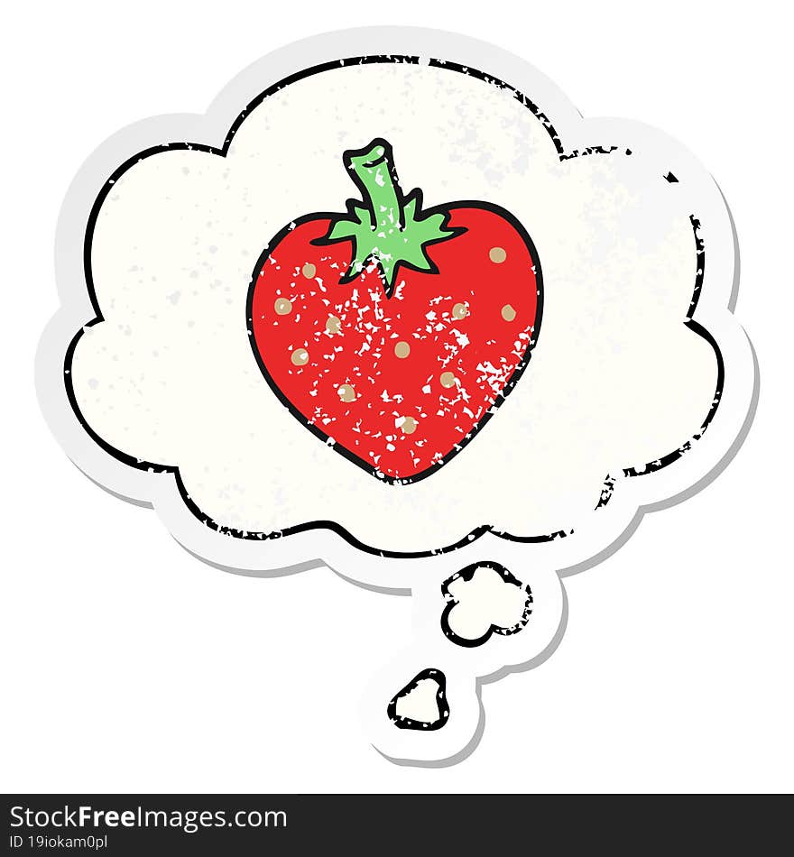 cartoon strawberry and thought bubble as a distressed worn sticker