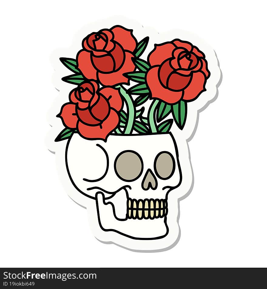 tattoo style sticker of a skull and roses