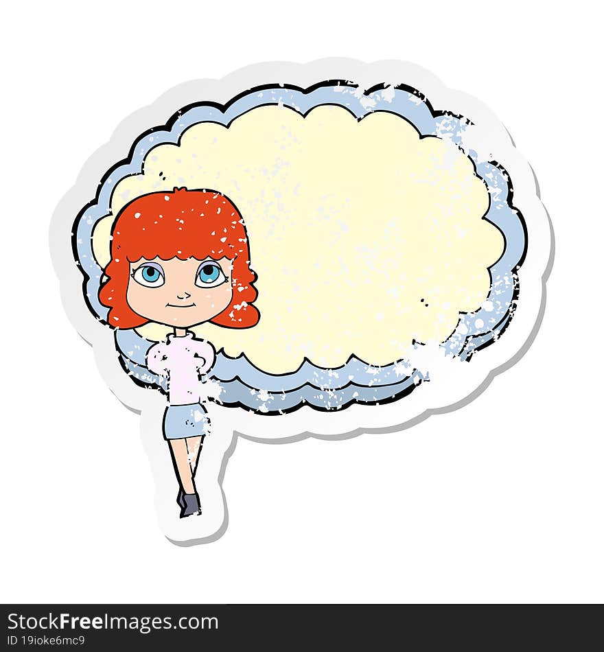 retro distressed sticker of a cartoon woman in front of cloud