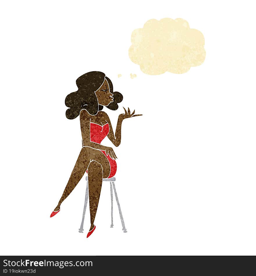 cartoon woman sitting on bar stool with thought bubble