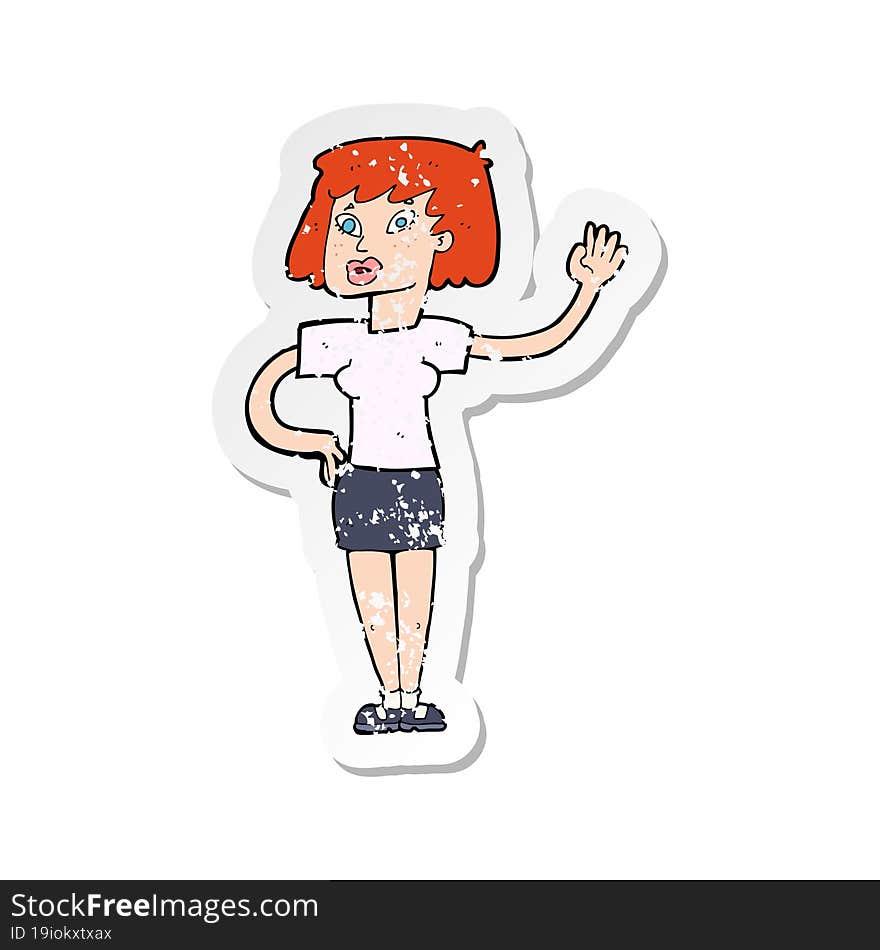 Retro Distressed Sticker Of A Cartoon Woman Waving