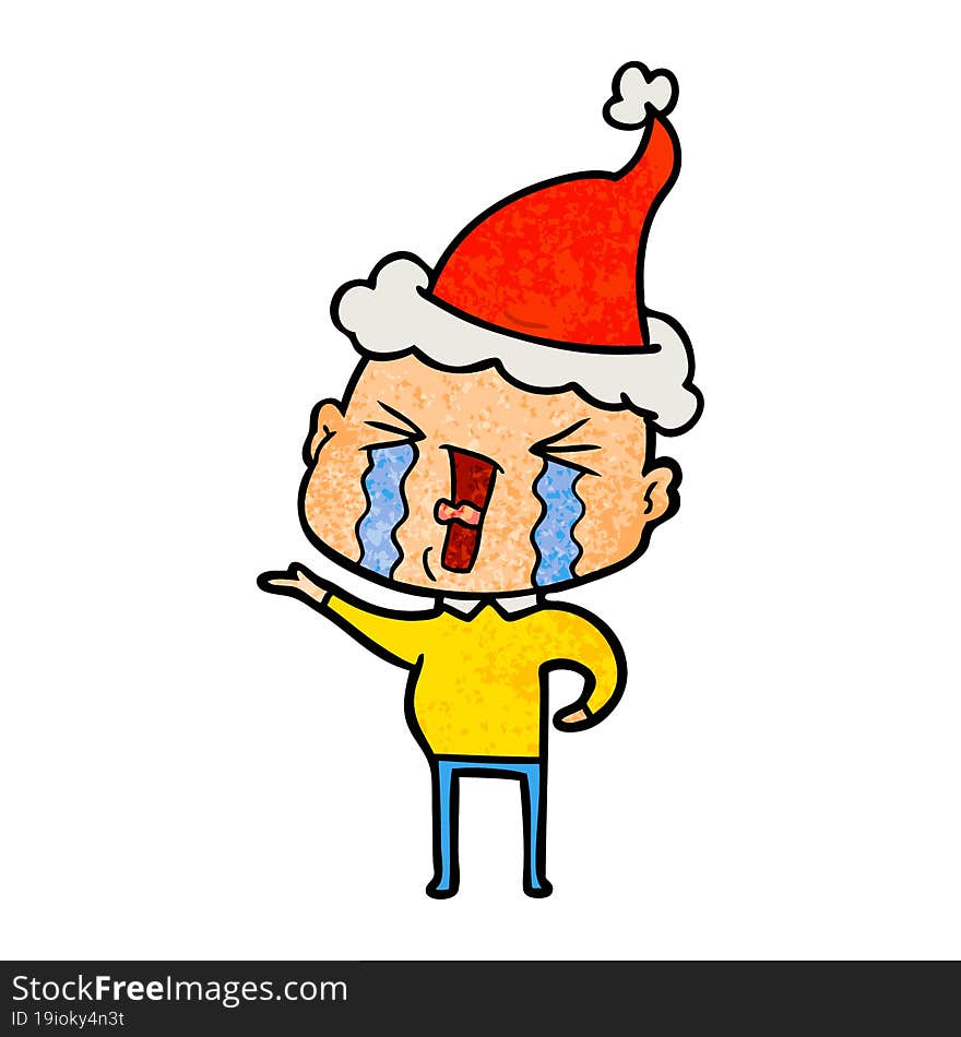 textured cartoon of a crying bald man wearing santa hat