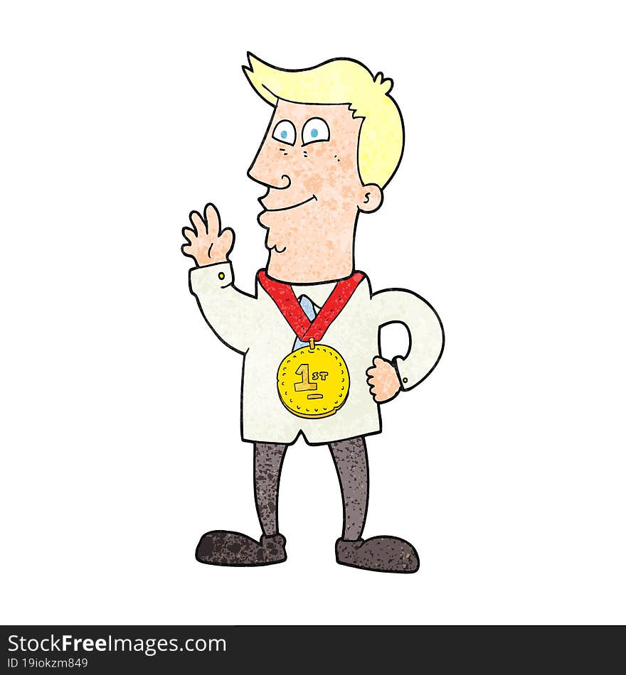 textured cartoon waving man with award