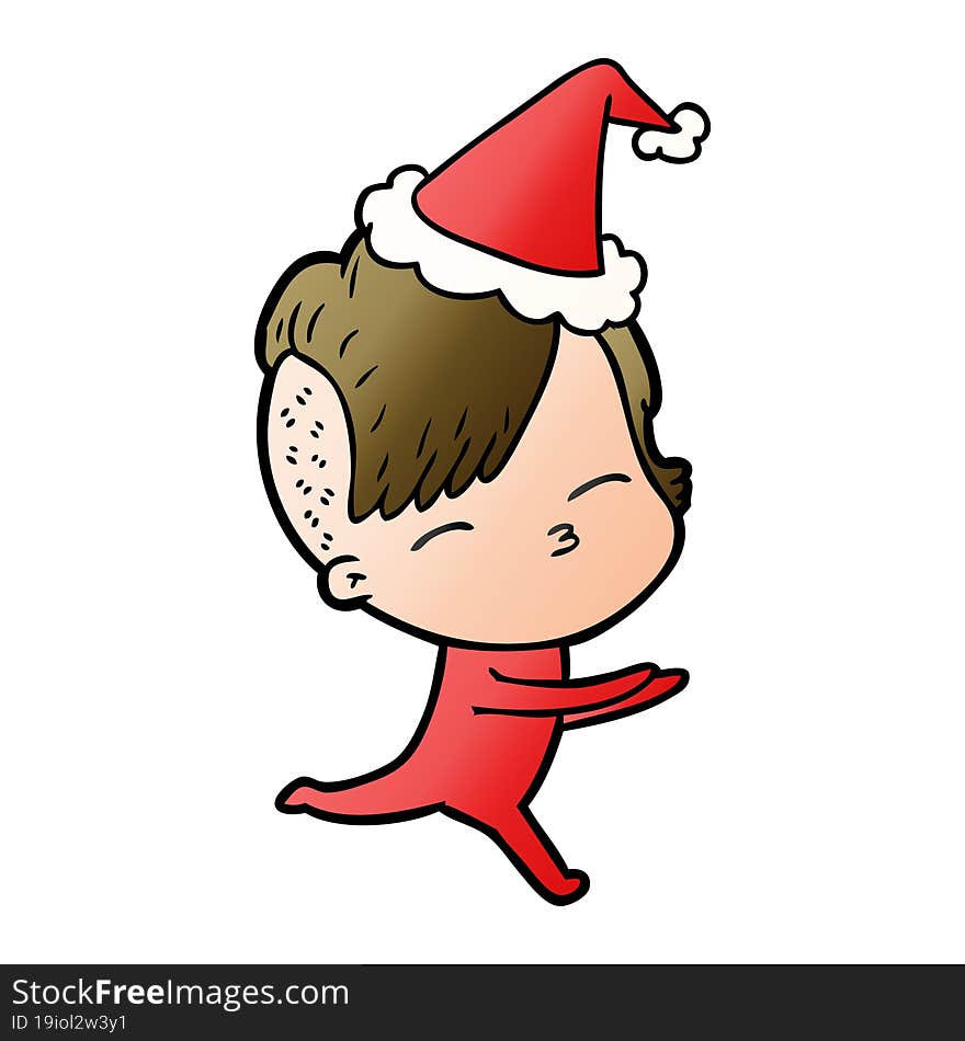 gradient cartoon of a girl in onesie wearing santa hat