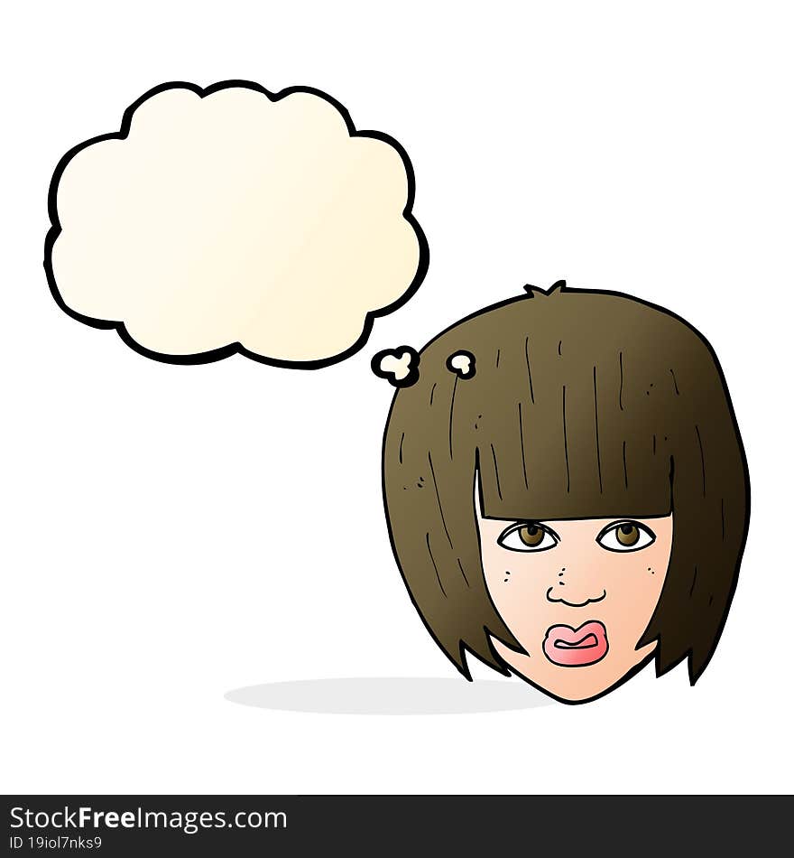 cartoon annoyed girl with big hair with thought bubble