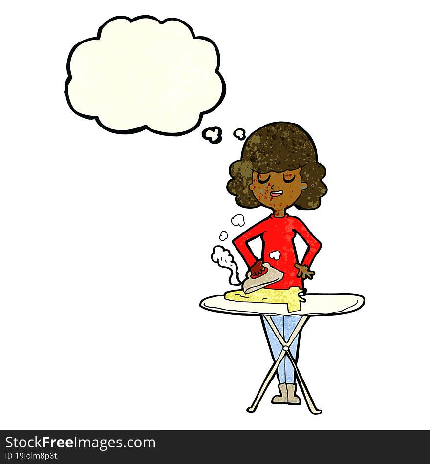 cartoon woman ironing with thought bubble