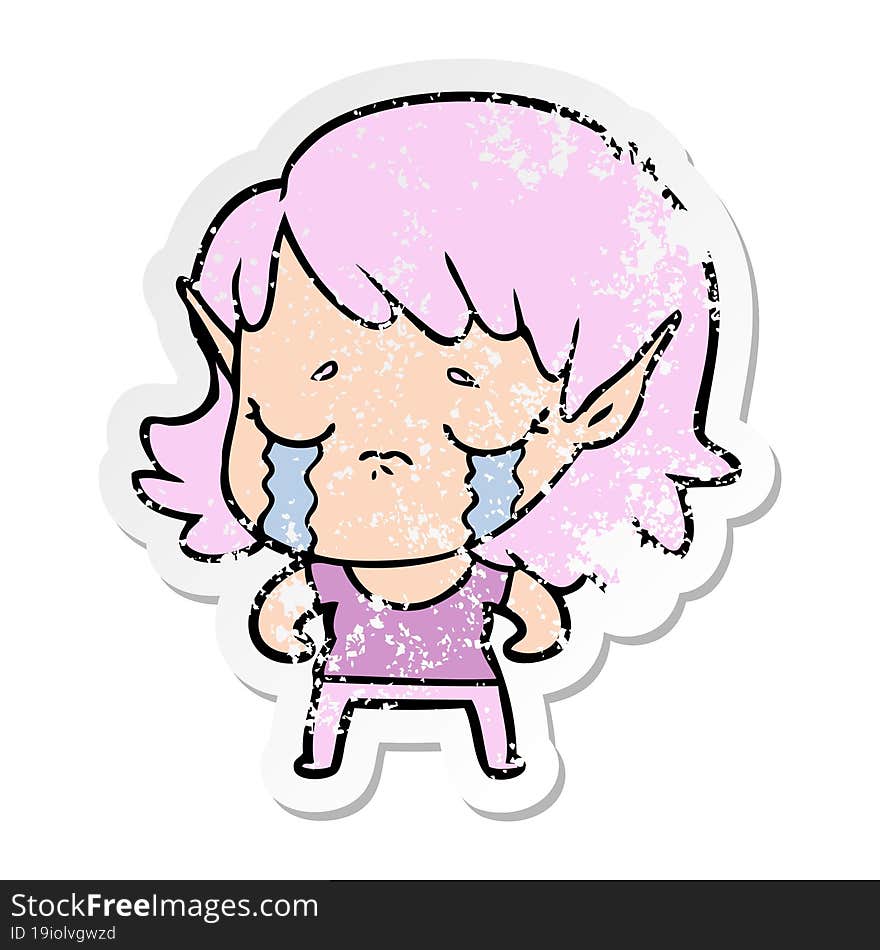 distressed sticker of a cartoon crying elf girl