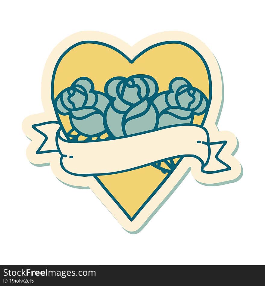 sticker of tattoo in traditional style of a heart and banner with flowers. sticker of tattoo in traditional style of a heart and banner with flowers