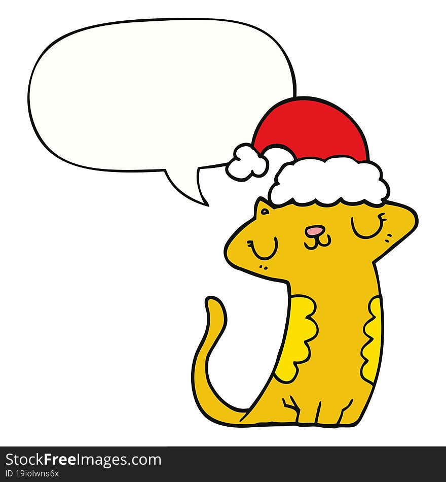 cute cartoon cat wearing christmas hat and speech bubble