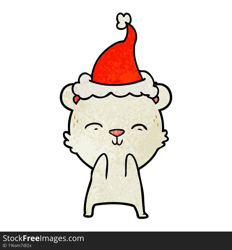 happy textured cartoon of a polar bear wearing santa hat