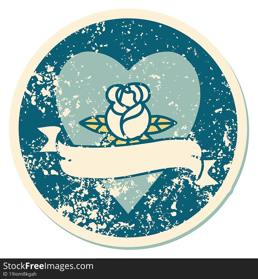 distressed sticker tattoo style icon of a heart rose and banner