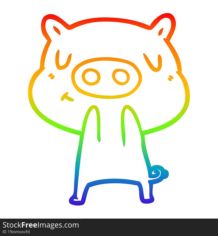 rainbow gradient line drawing of a cartoon content pig