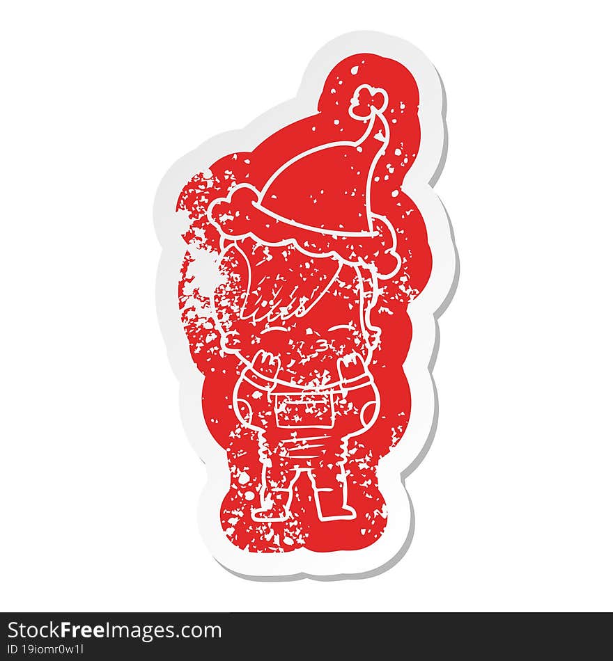 cartoon distressed sticker of a girl wearing futuristic clothes wearing santa hat