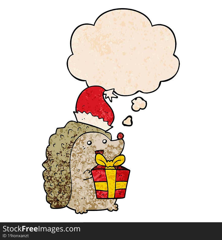 cartoon hedgehog wearing christmas hat and thought bubble in grunge texture pattern style