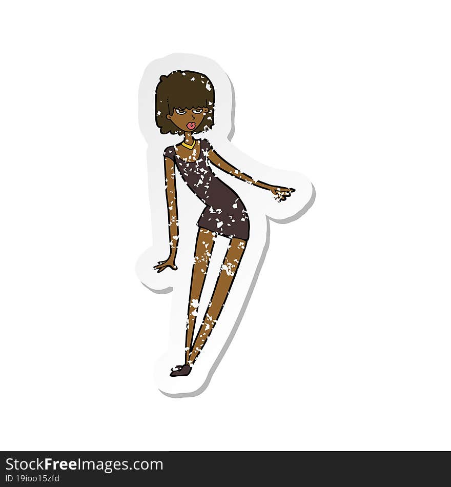 retro distressed sticker of a cartoon woman in dress leaning