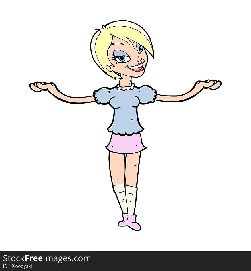 cartoon woman making open arm gesture