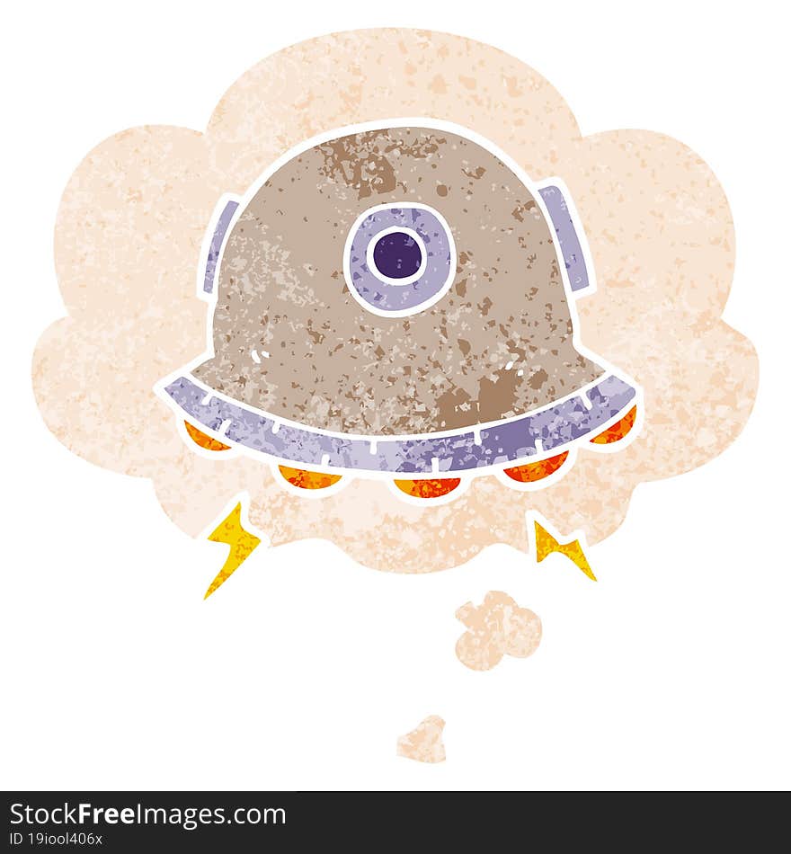 cartoon UFO and thought bubble in retro textured style