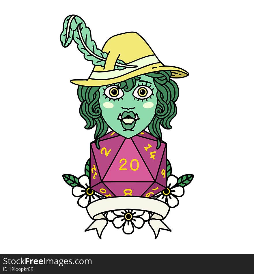 half orc bard with natural 20 dice roll illustration