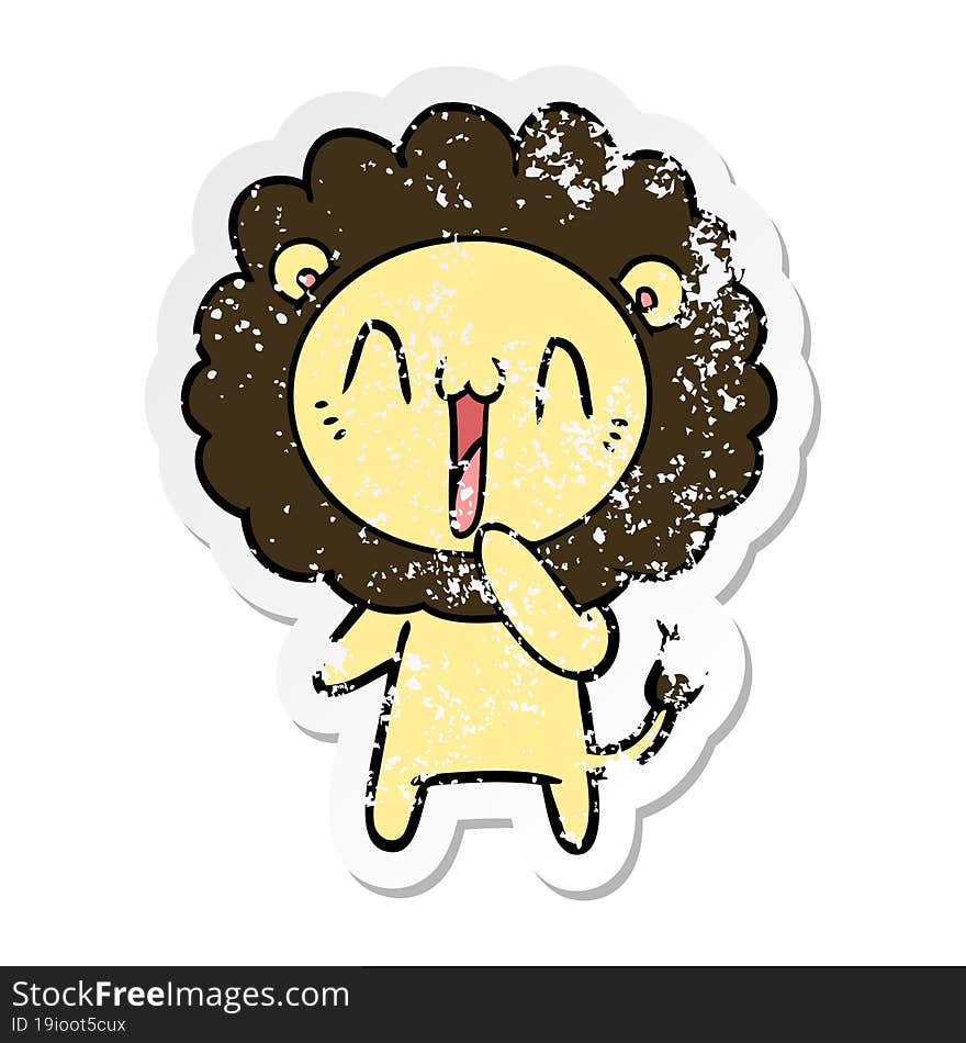 distressed sticker of a happy cartoon lion