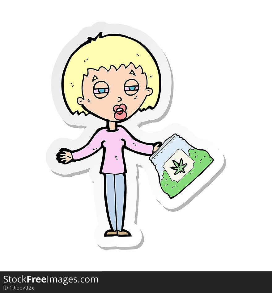 sticker of a cartoon woman with bag of weed