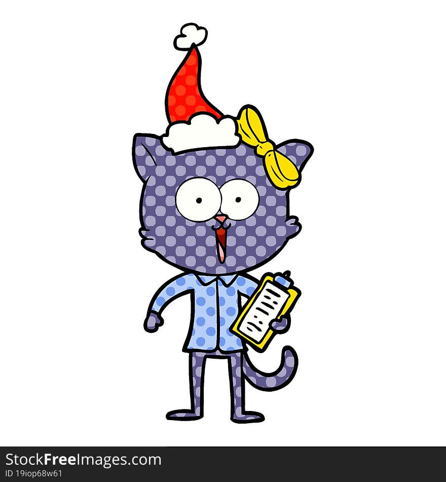 Comic Book Style Illustration Of A Cat Wearing Santa Hat