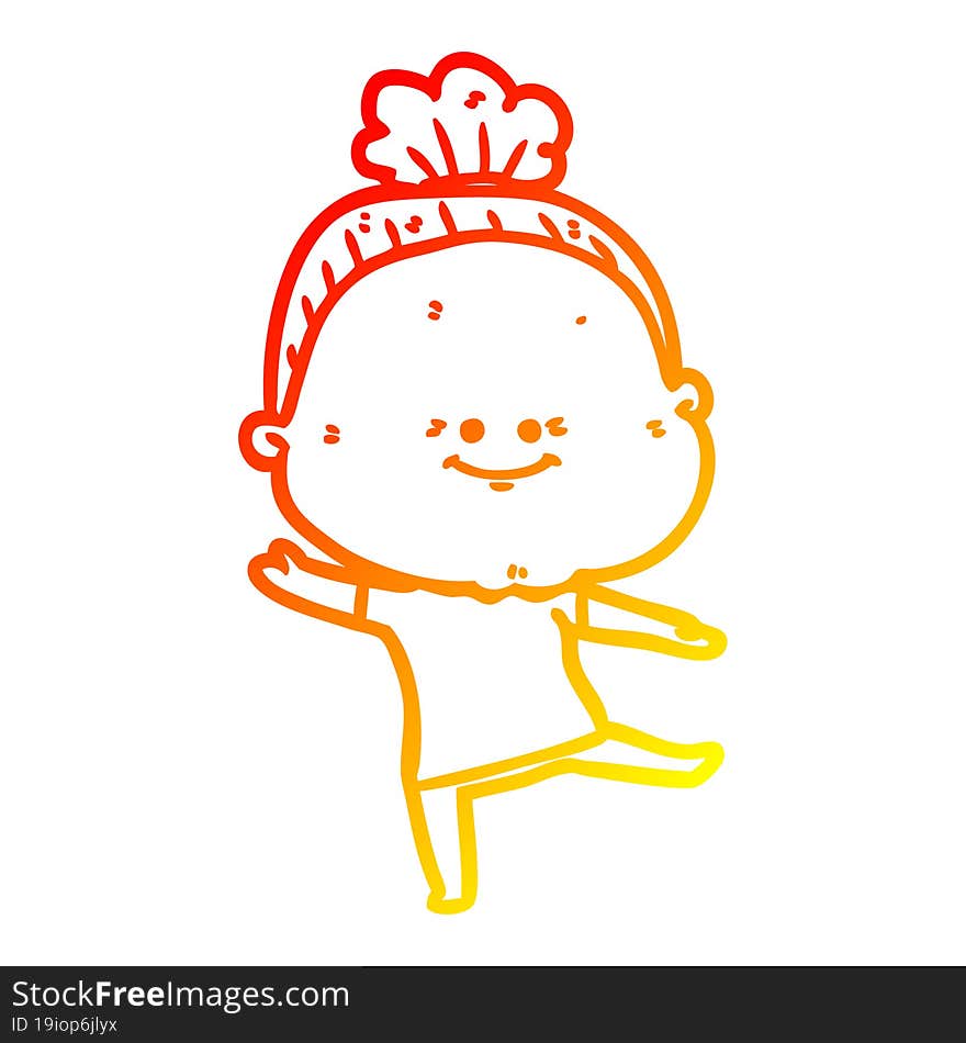 warm gradient line drawing of a cartoon happy old woman