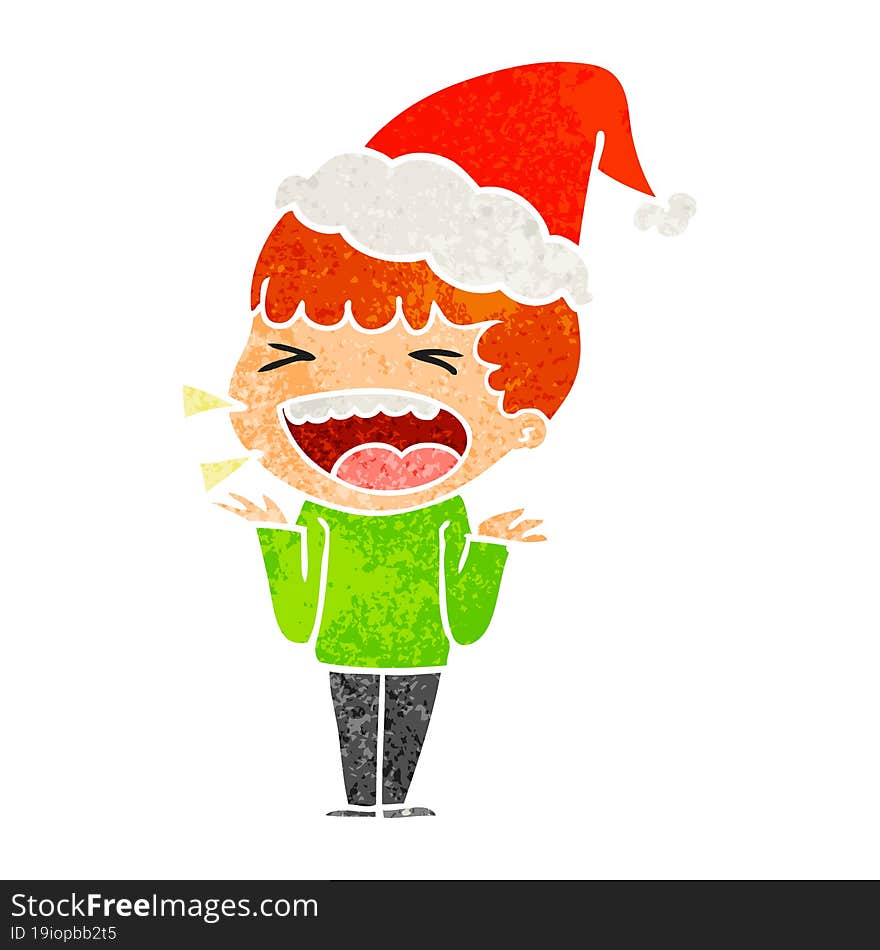 hand drawn retro cartoon of a laughing man wearing santa hat