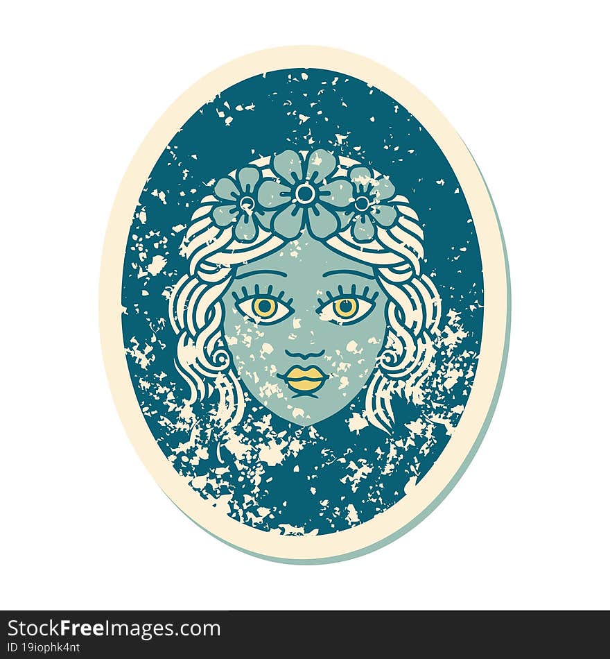 distressed sticker tattoo style icon of a maiden with crown of flowers