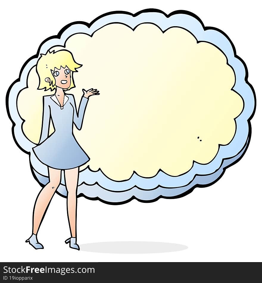 cartoon friendly woman with cloud text space