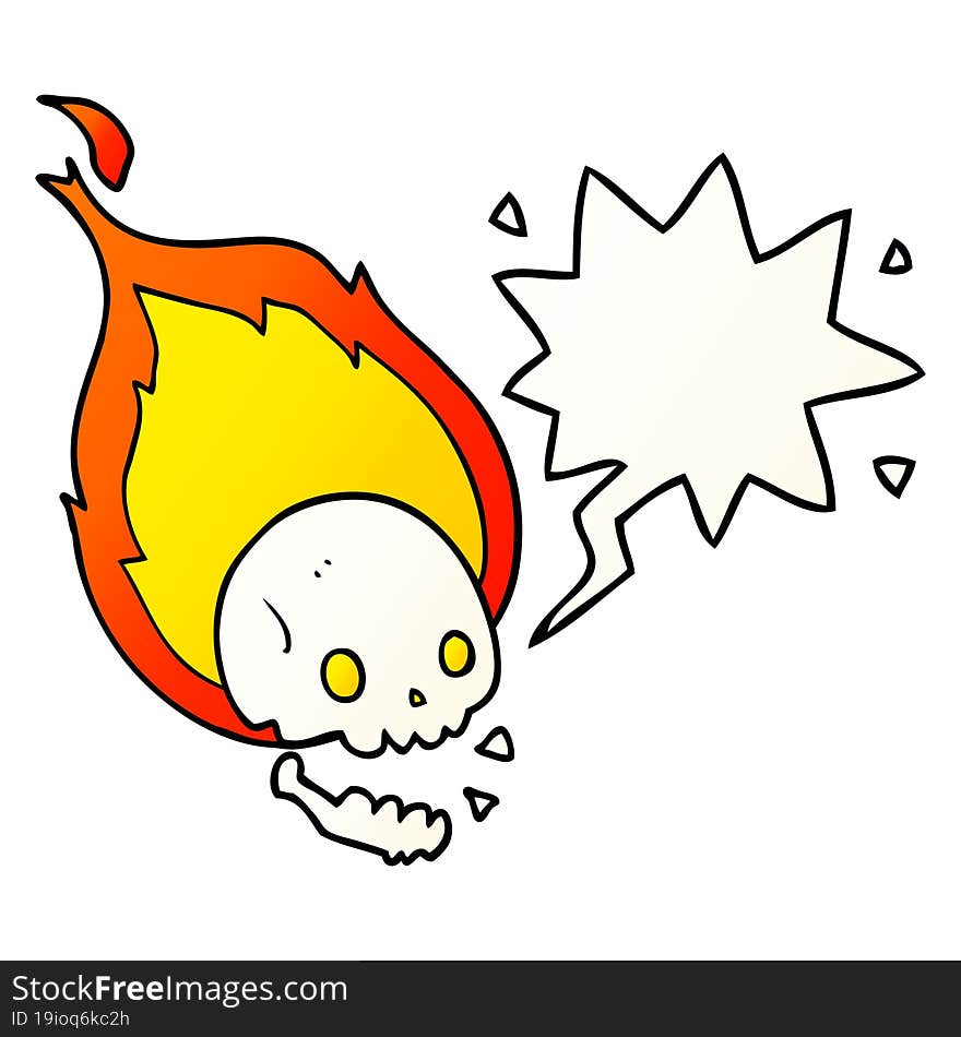 spooky cartoon flaming skull and speech bubble in smooth gradient style