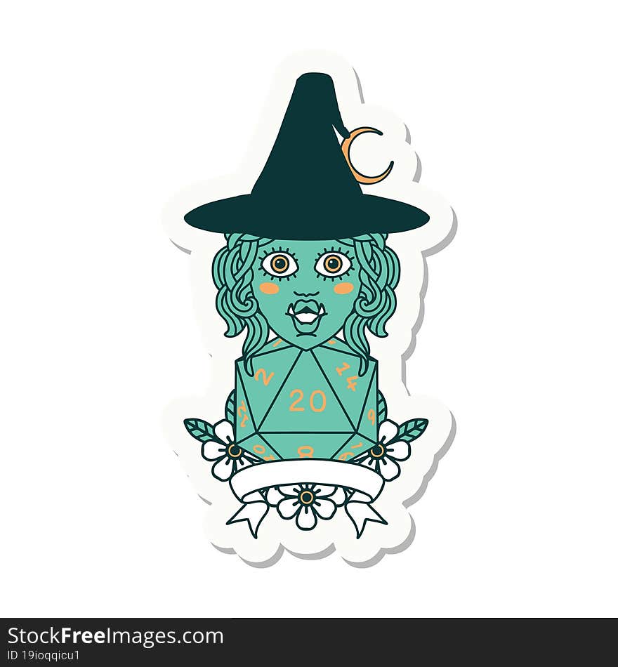 sticker of a half orc witch character with natural 20 dice roll. sticker of a half orc witch character with natural 20 dice roll