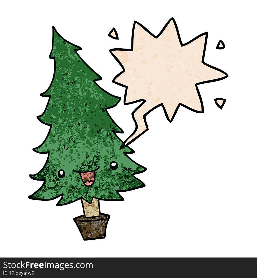 Cute Cartoon Christmas Tree And Speech Bubble In Retro Texture Style