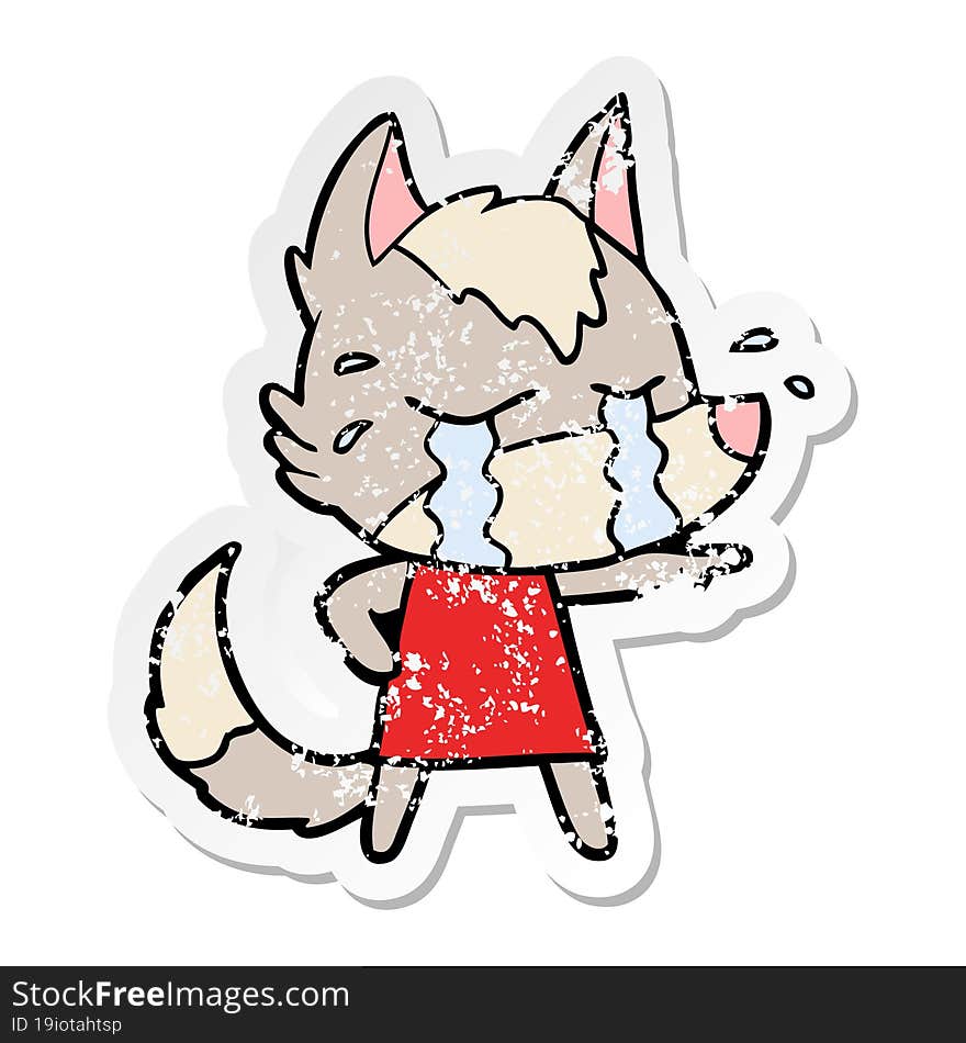 distressed sticker of a cartoon crying wolf