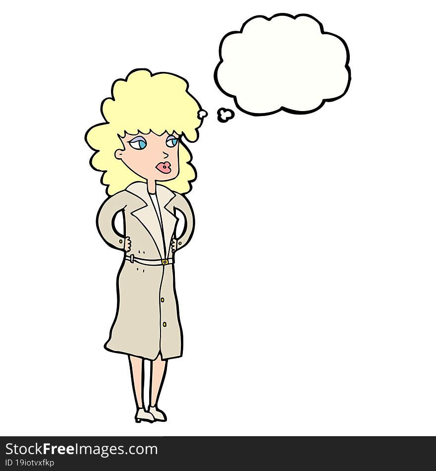 cartoon woman in trench coat with thought bubble