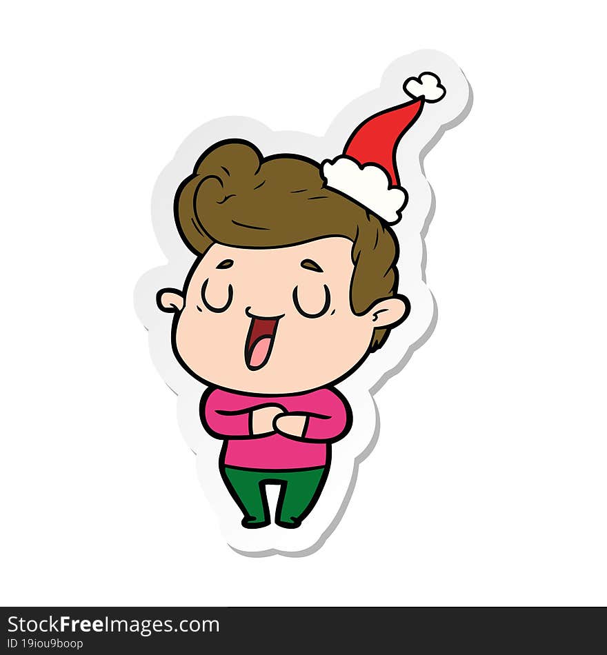 happy hand drawn sticker cartoon of a man wearing santa hat. happy hand drawn sticker cartoon of a man wearing santa hat