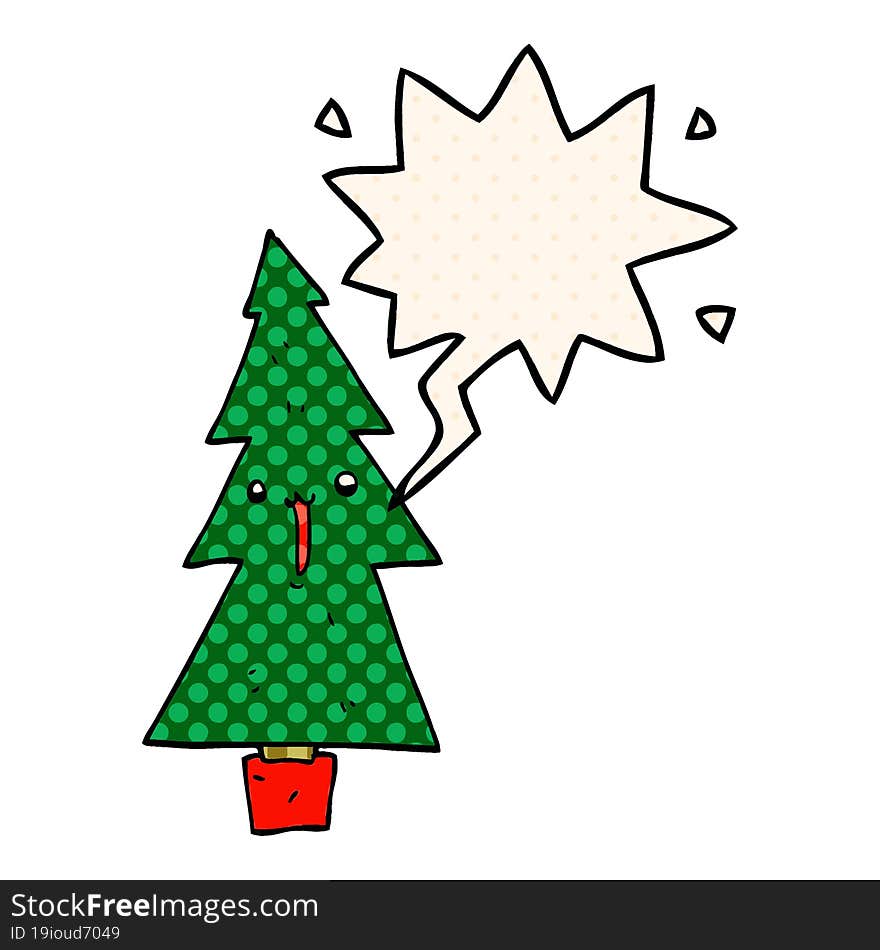 cartoon christmas tree with speech bubble in comic book style