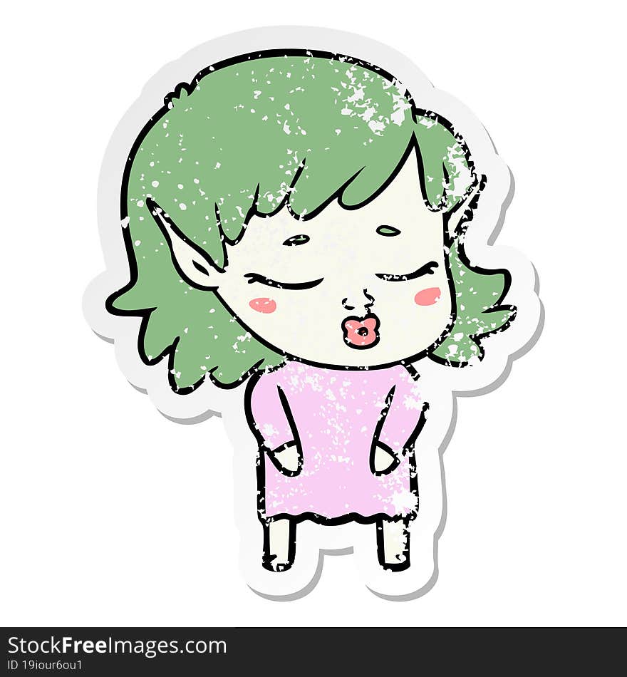 distressed sticker of a pretty cartoon elf girl