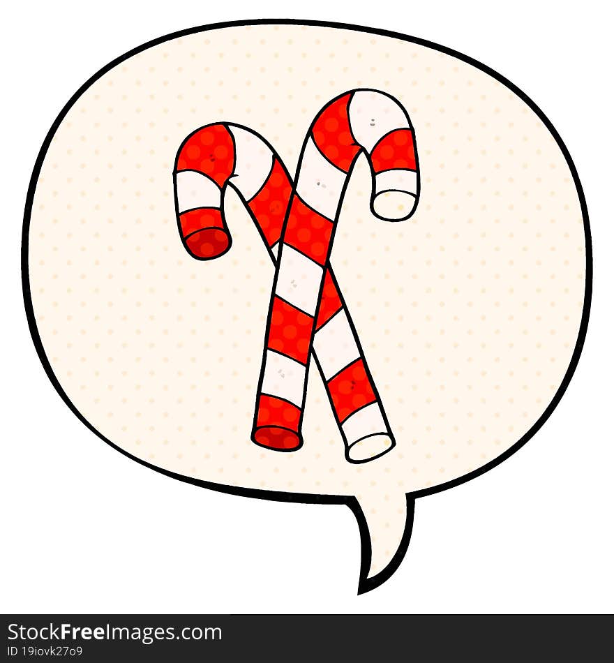 cartoon candy canes and speech bubble in comic book style