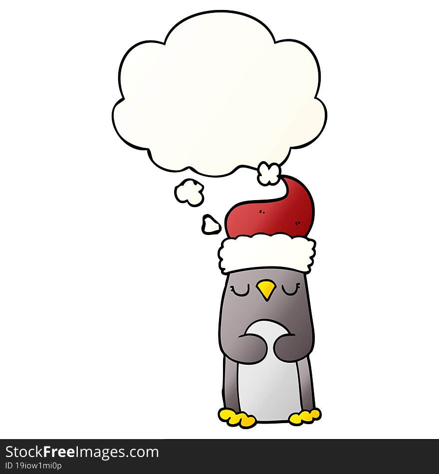 Cartoon Christmas Penguin And Thought Bubble In Smooth Gradient Style