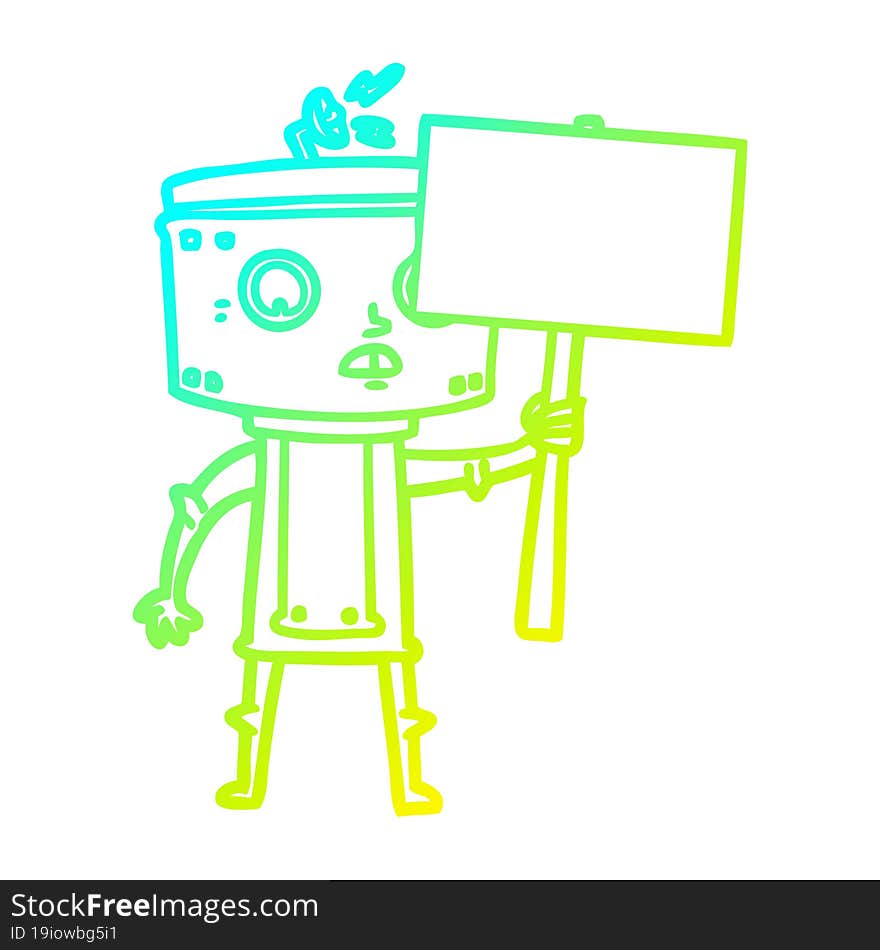 cold gradient line drawing cartoon robot with blank sign