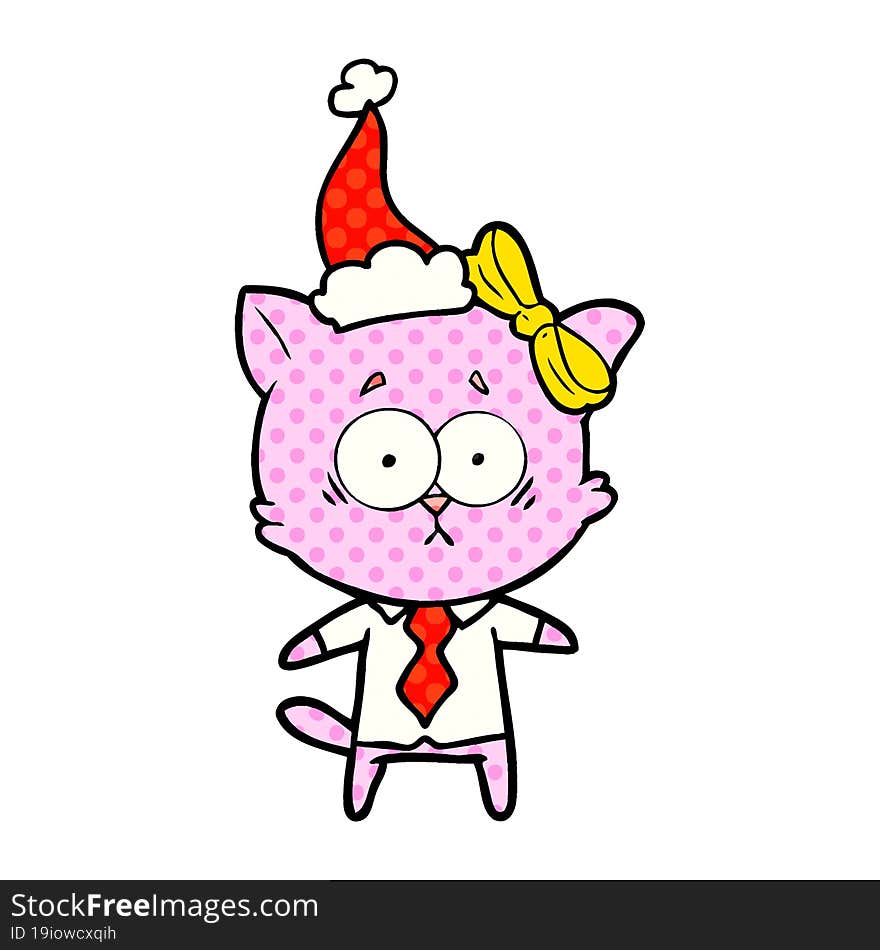 Comic Book Style Illustration Of A Cat Wearing Santa Hat