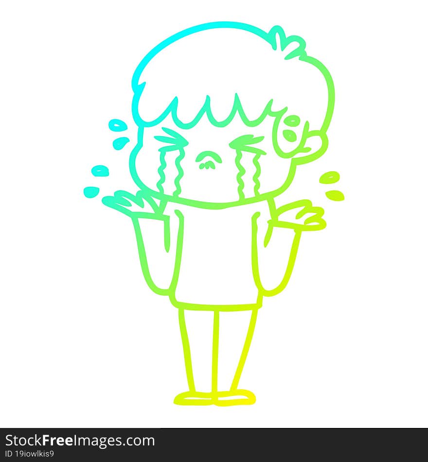 cold gradient line drawing cartoon boy crying and shrugging shoulders