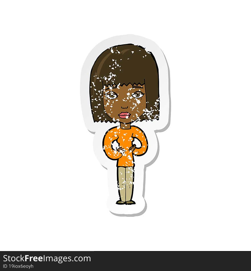 retro distressed sticker of a cartoon woman indicating self