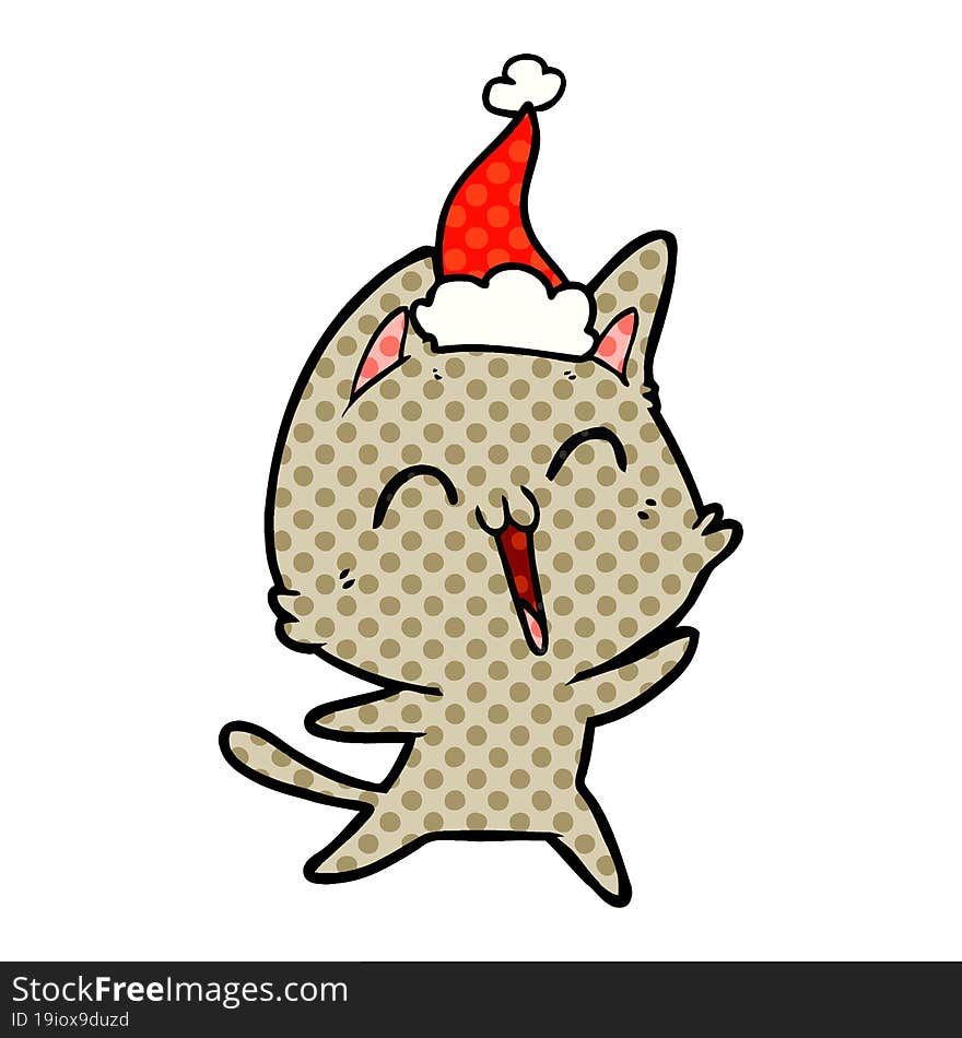 happy comic book style illustration of a cat wearing santa hat