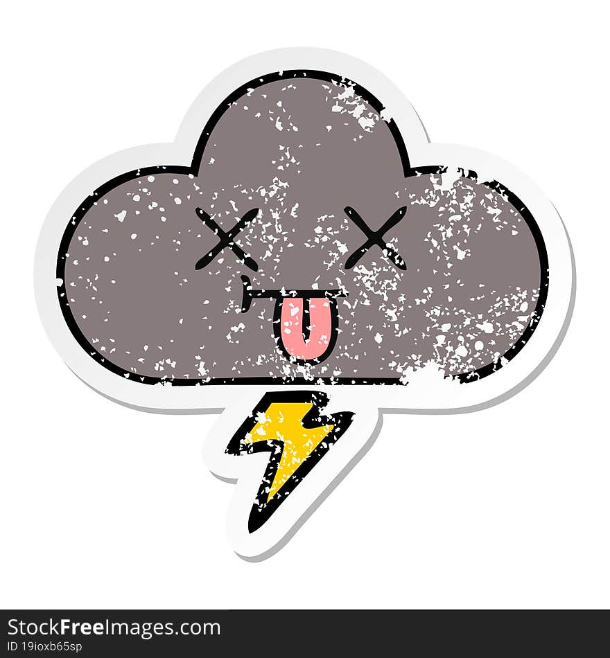 distressed sticker of a cute cartoon storm cloud