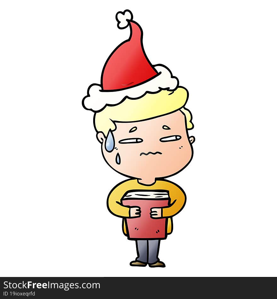 hand drawn gradient cartoon of a anxious boy carrying book wearing santa hat