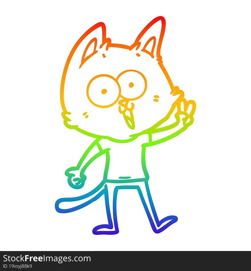 rainbow gradient line drawing funny cartoon cat giving peace sign