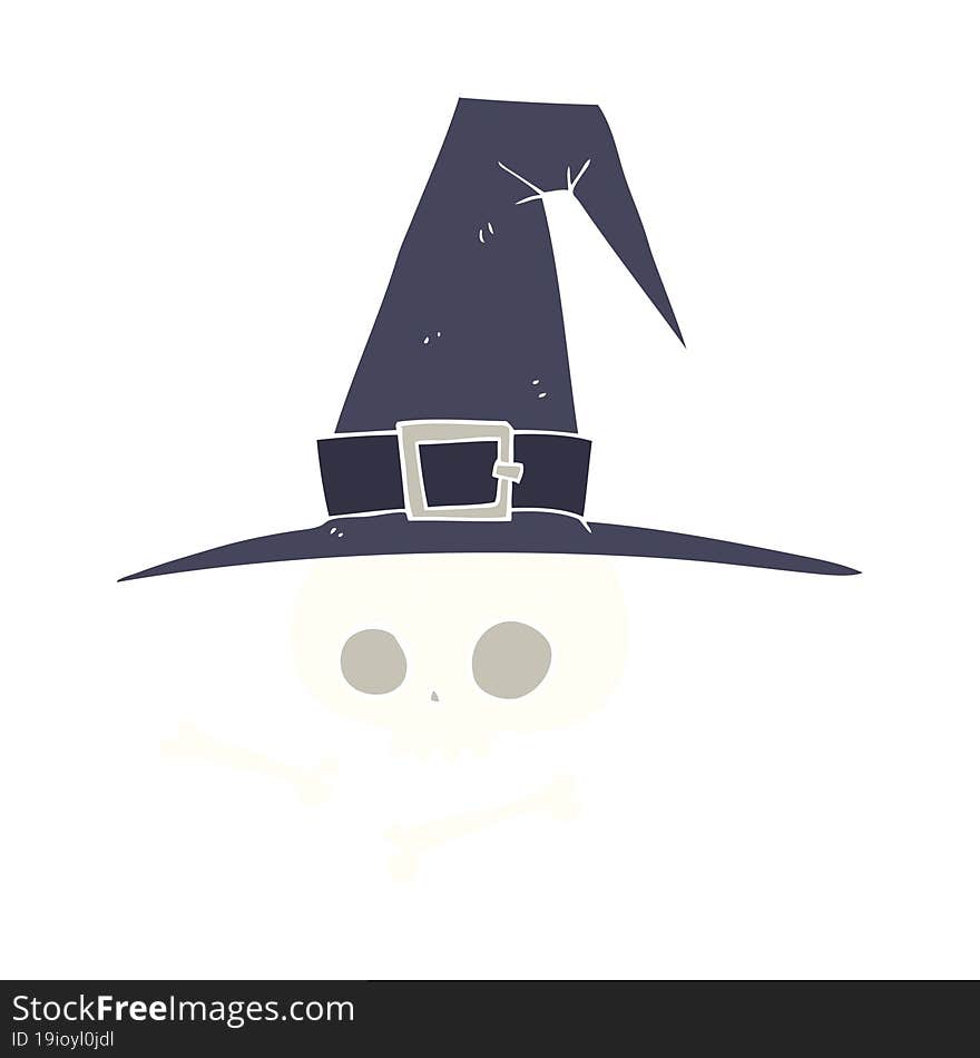 flat color illustration of a cartoon witch hat with skull